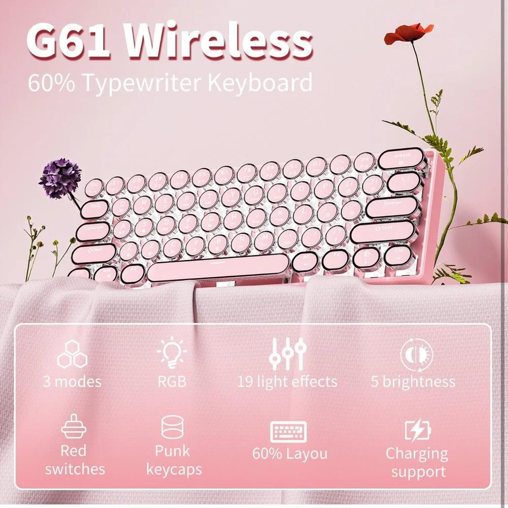 EWEADN G61 Wireless Mechanical Typewriter Keyboard, 60% Mini White Backlit